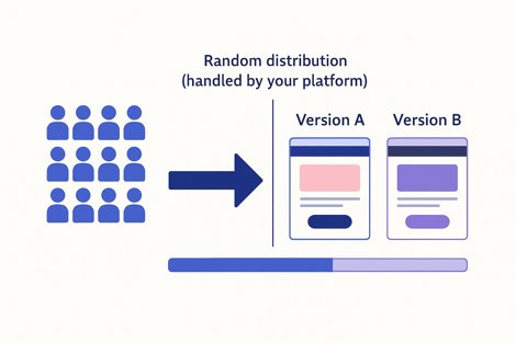 Illustration of audience split in an A/B test, showing users divided into Version A and Version B with a progress bar indicating test duration.