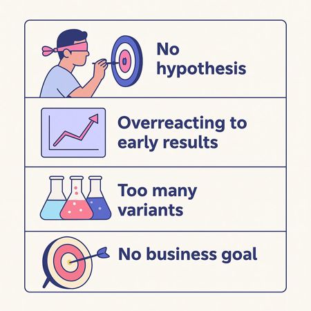 Infographic showing four common A/B testing mistakes: no hypothesis, overreacting to early results, testing too many variants, and not aligning with business goals.